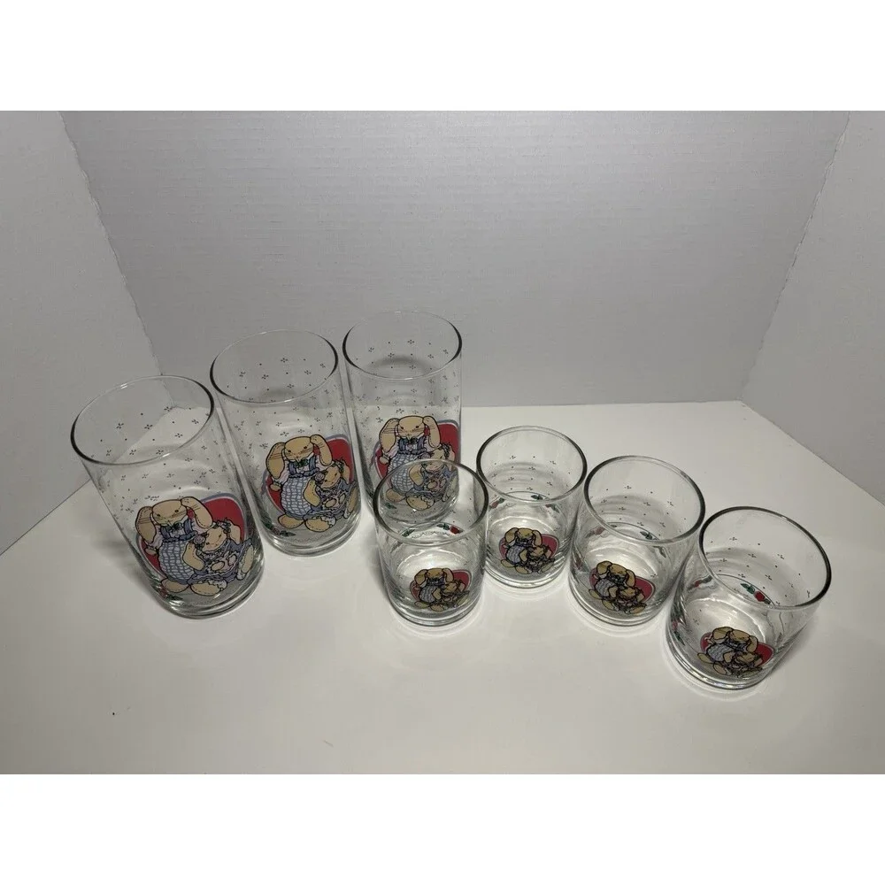 VTG‎ B&D Country Bunny Glass Tumblers Set of 7 - 1990s Cottagecore Rabbit Glass